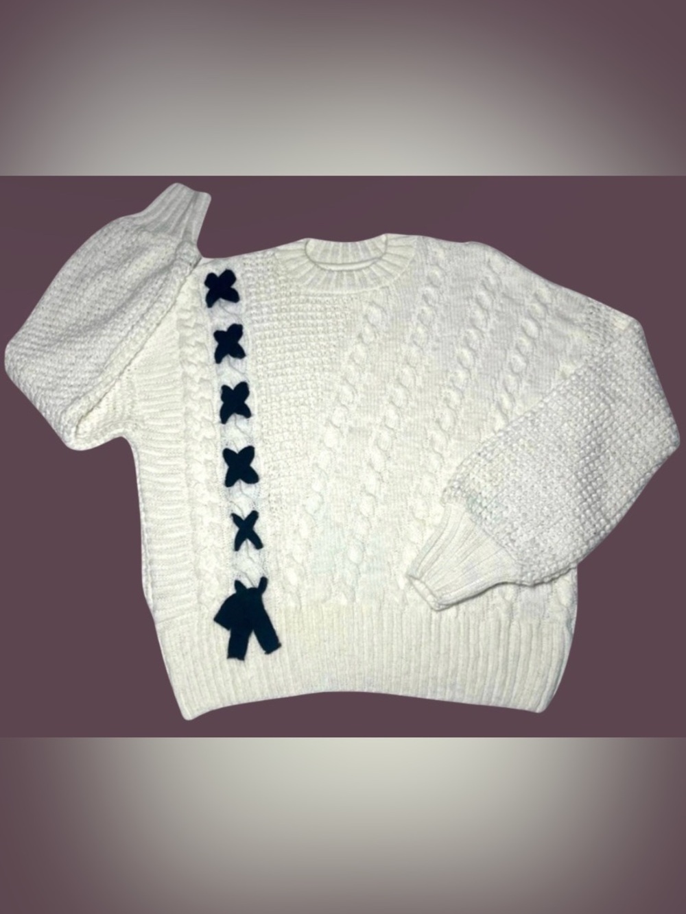 Miss Selfridge 4 Cable Jumper White Black Bow Sweater Asymmetrical Bishop Sleeve
